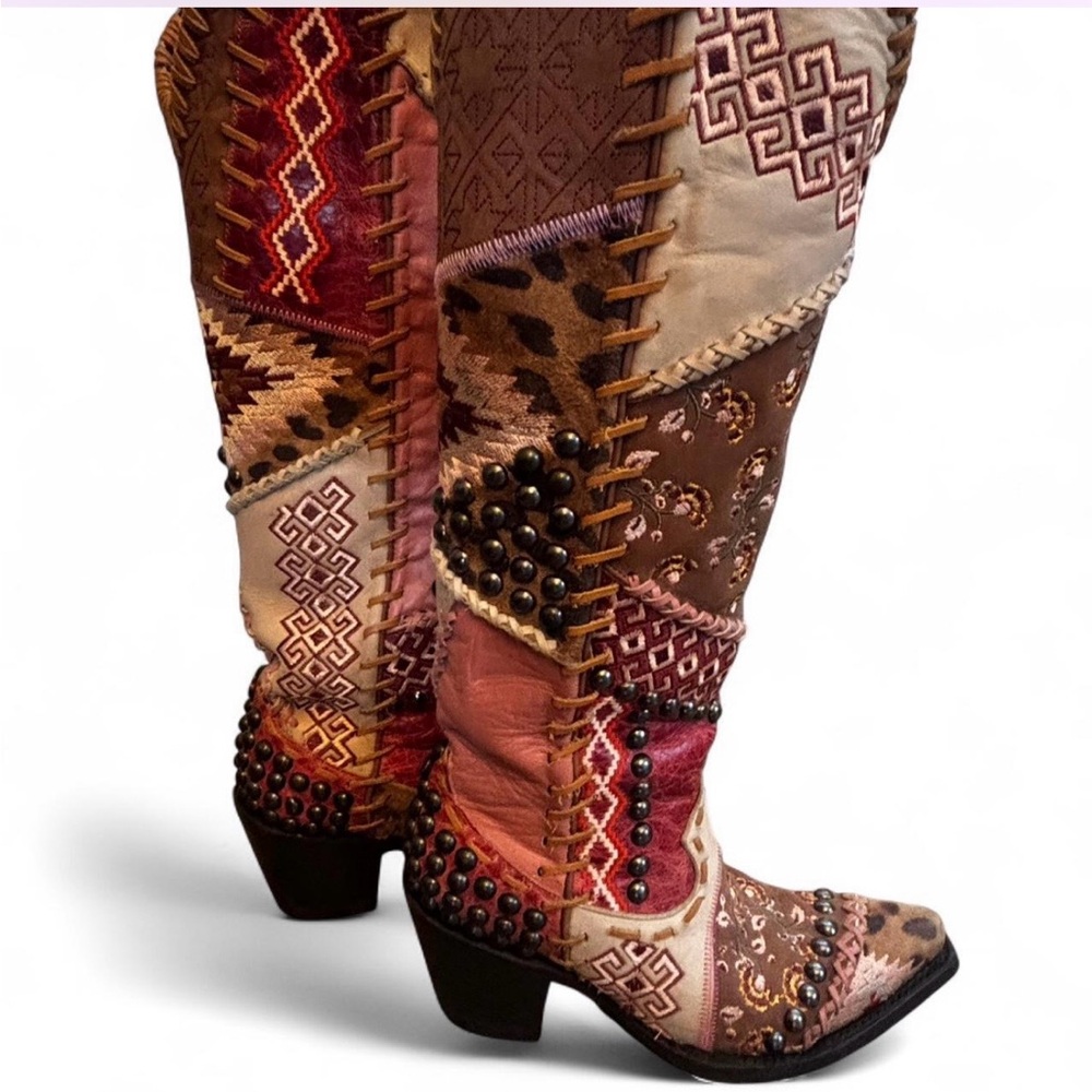 Patchwork Studded Knee-High Boots - Pink Brown - Picture 3 of 7